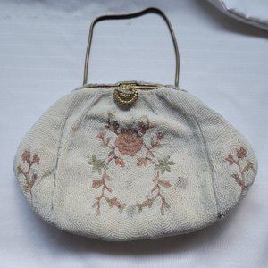 Vintage White Beaded Clutch Purse With Chain